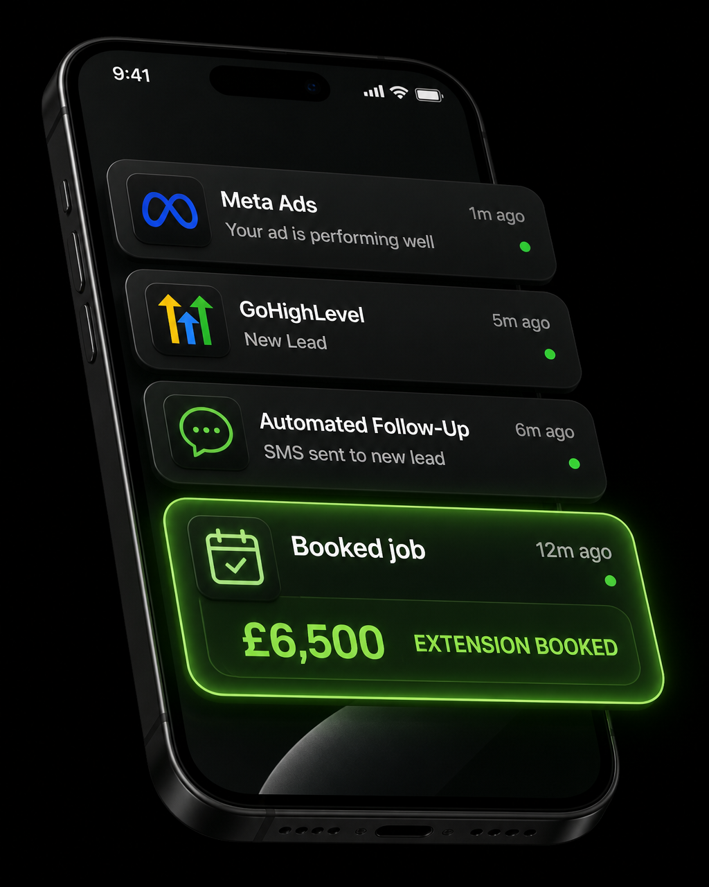 Phone notification stack showing Meta Ads, a new GoHighLevel lead, automated follow-up and a booked £6,500 home extension job